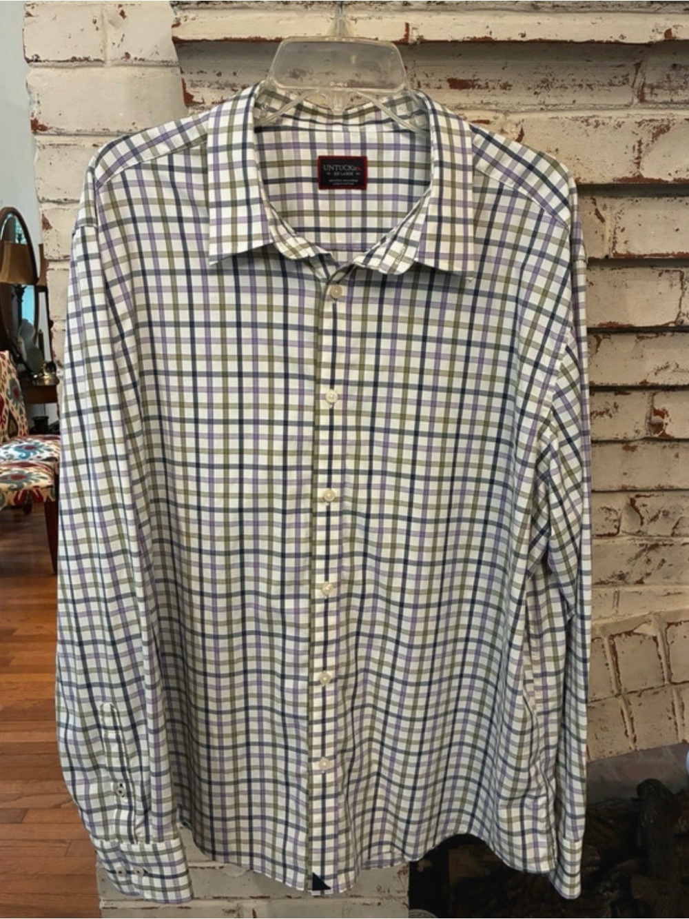 UNTUCKit Men's White Button-Down Shirt with Blue & Green Plaid XXL